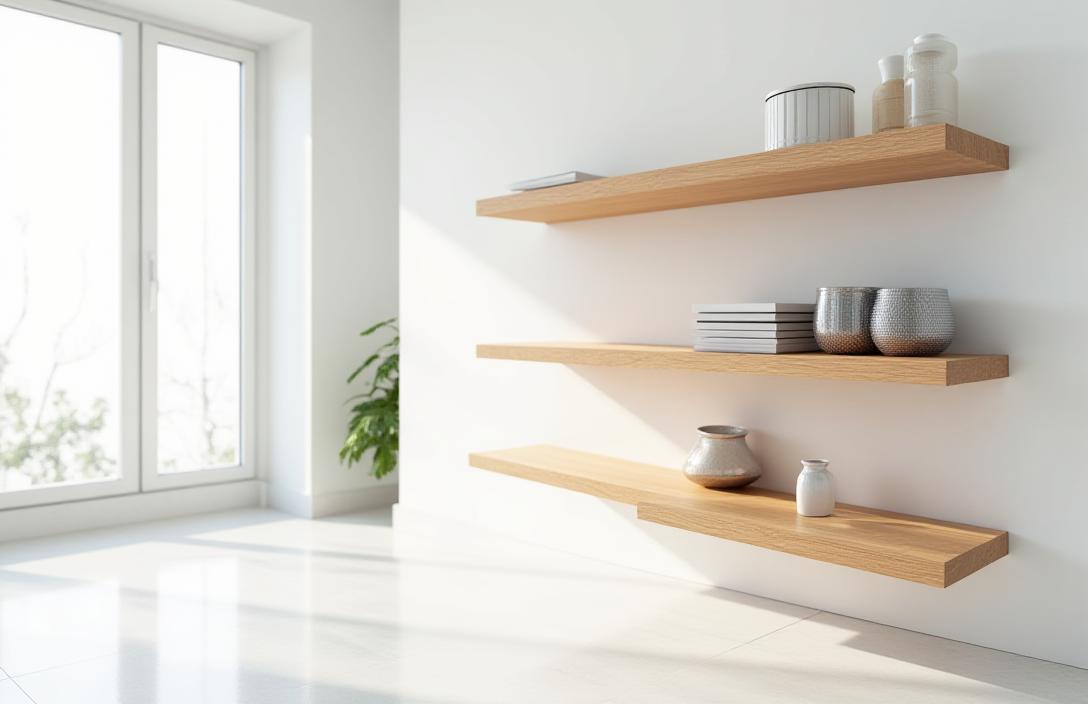 Estanterías flotantes de madera maciza en cocina minimalista