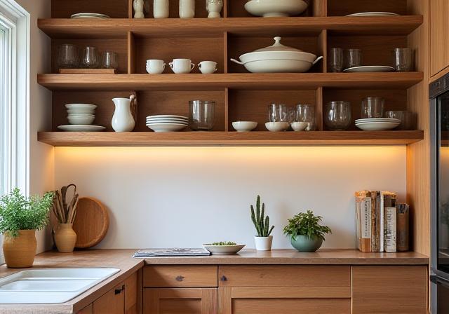 Cocina con estanterías abiertas en madera maciza