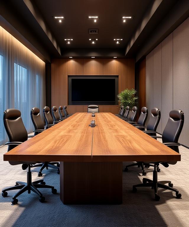 Sala de conferencias corporativa con mesa a medida